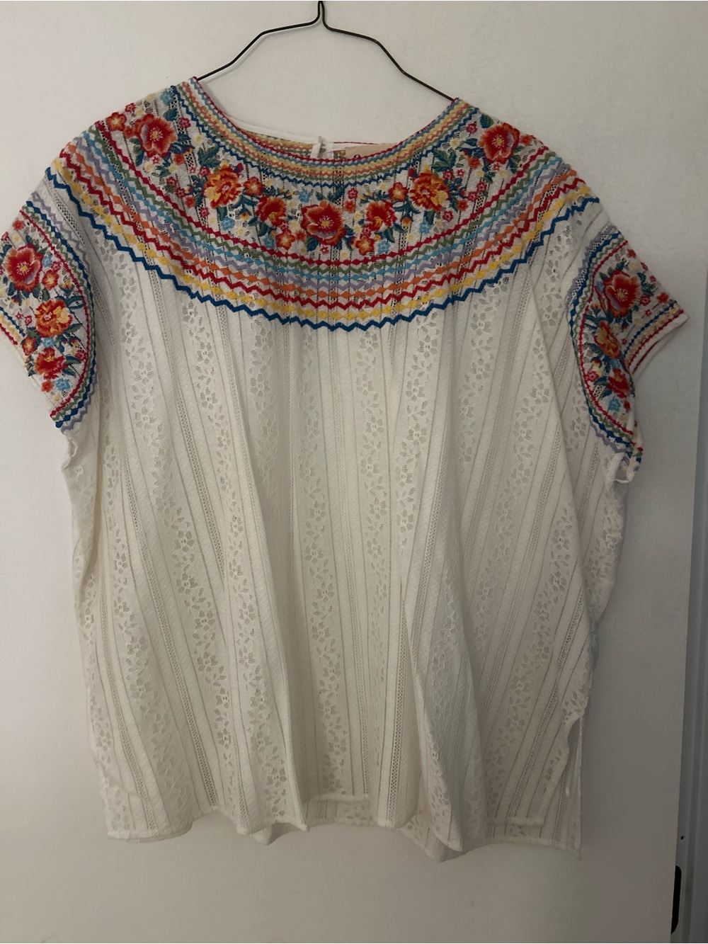 Savanna Jane White Cotton Top with Multicolor Embroidered Yoke